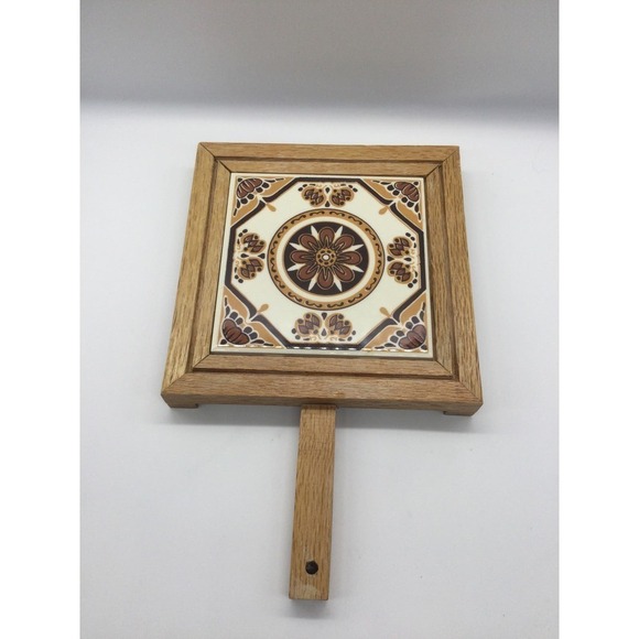Unbranded Other - Mexican Ceramic trivet wood handle MCM Midcentury brown white 12” tile mexico